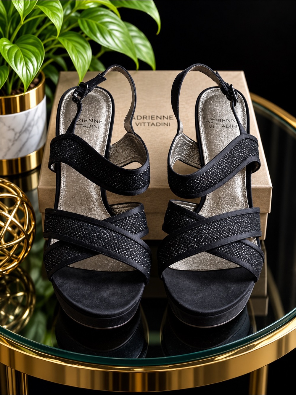 Adrienne Vittadini Black Crisscross Slingback Platform Sandals